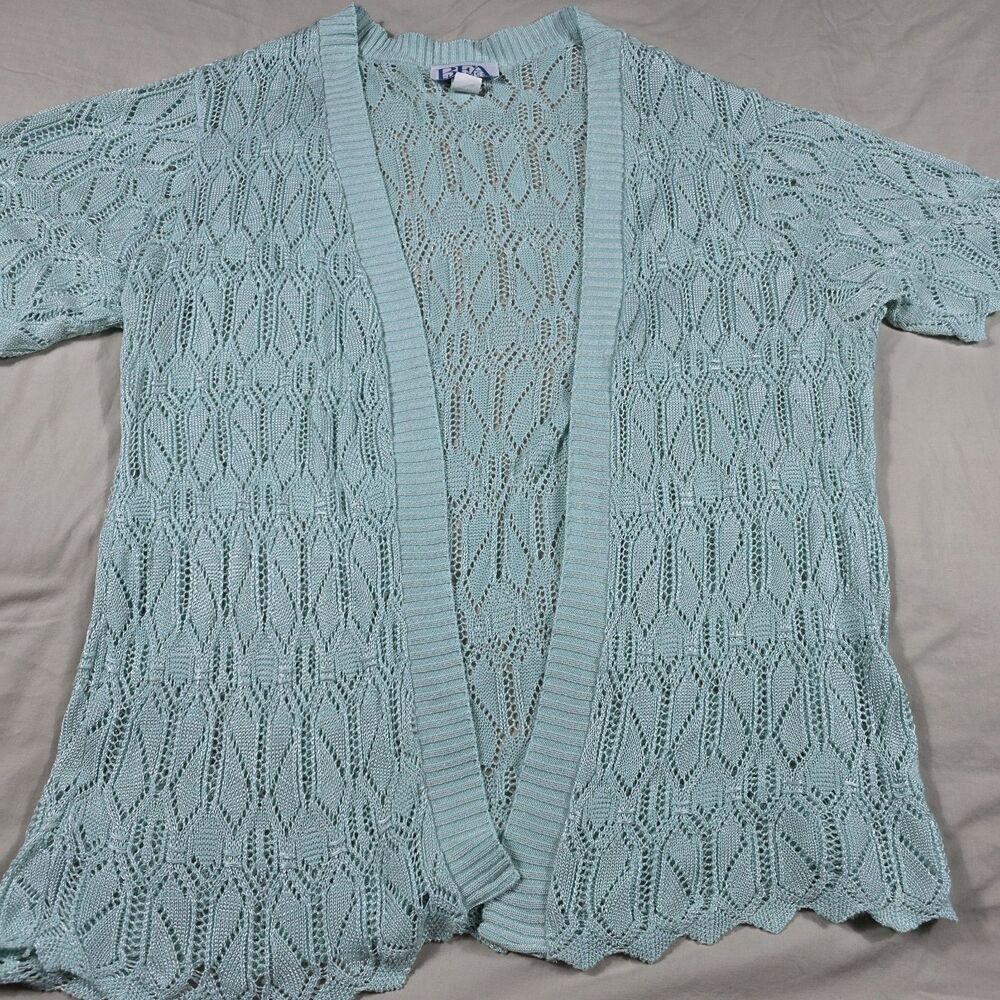 Vintage Open Front Knit Cardigan Sweater Short Sleeve Light Aqua Mint Plus Sz 1X
